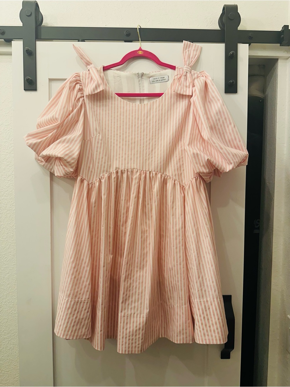 Striped Pink Puff-Sleeve Tie-Shoulder Mini Dress
